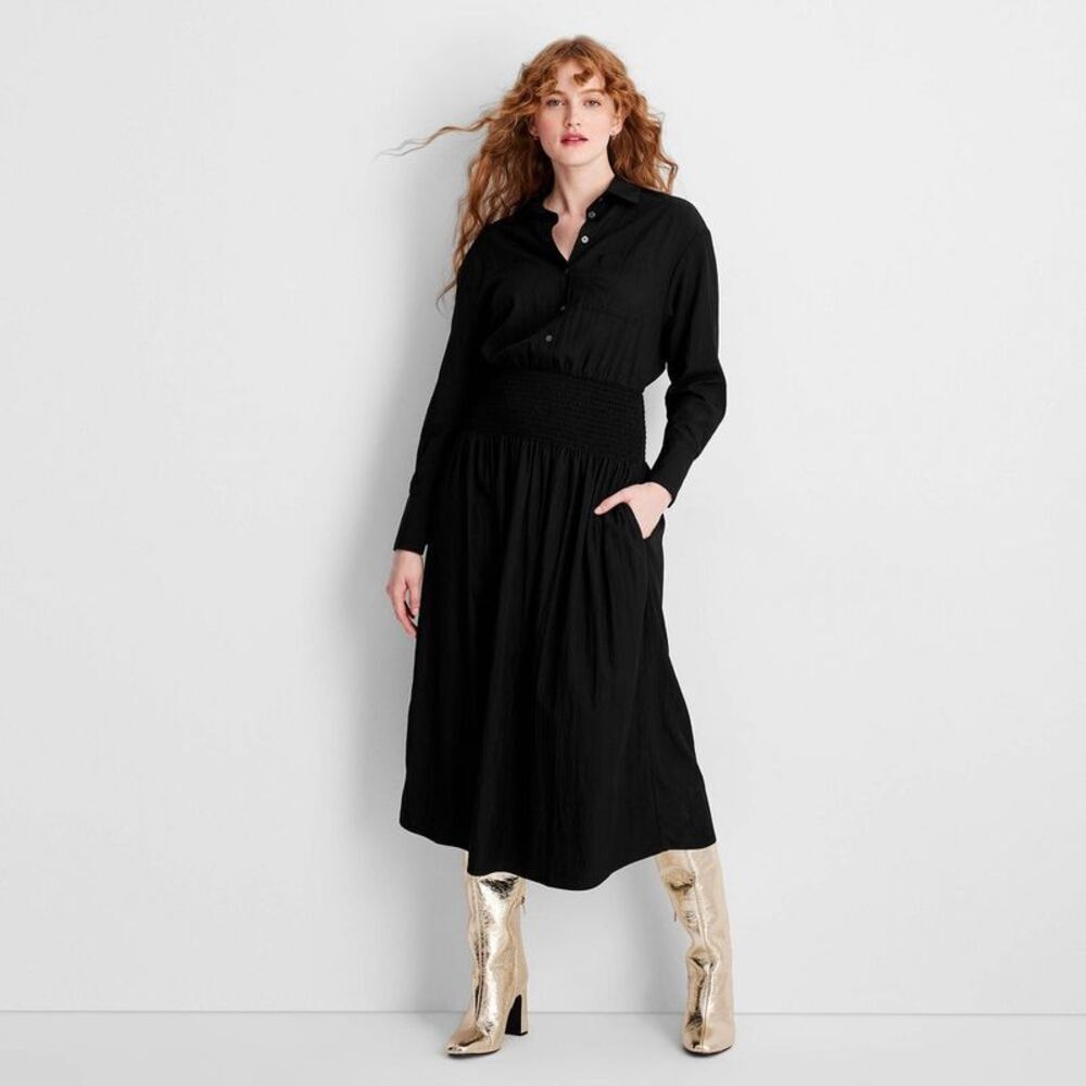 Women's Collared Long Sleeve Smocked Midi Shirtdress - Black XXS